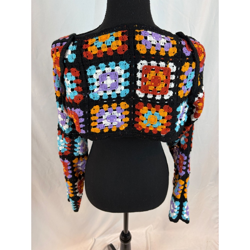 Multicolor Crochet Granny Square Shrug Bolero Cropped Cardigan Black Boho - Picture 11 of 11